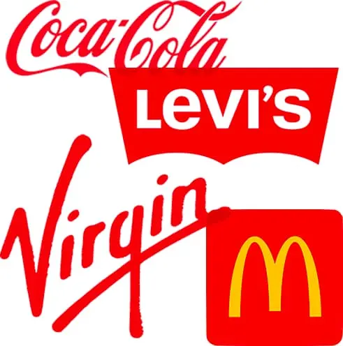 various red famous brand logos – coca-cola, levi's, virgin, mcdonald's